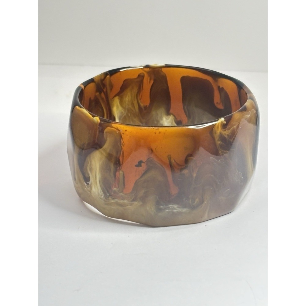Vtg Bangle Bracelet Wide Chunky Marbled Resin Translucent Brown Caramel Swirl